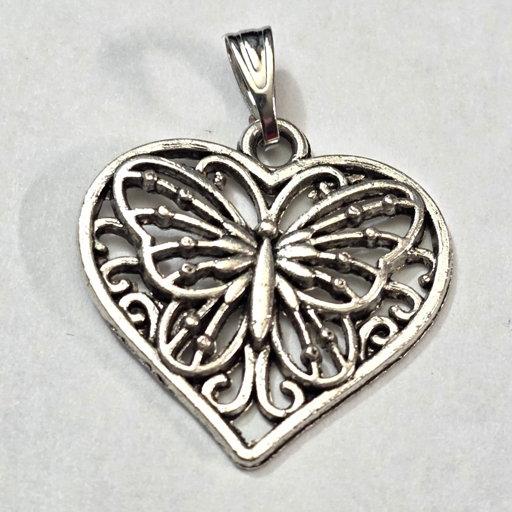 Vintage SilverTone Filigree Heart Butterfly Pendant Charm for Necklace Bracelet